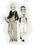  1boy 1girl anzu_(o6v6o) bangs dual_persona full_body genderswap genderswap_(ftm) glasses greyscale hair_ornament hairband hairpin hand_in_pocket horizontal-striped_background jewelry long_sleeves looking_at_viewer monochrome mouth_hold overalls pants pants_rolled_up pendant shirt shoes short_hair_with_long_locks short_over_long_sleeves short_sleeves striped striped_shirt suspenders suspenders_slip thumb_in_pocket translation_request vertical_stripes vocaloid 