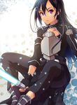  black_hair boots fingerless_gloves gloves kirito kirito_(sao-ggo) long_hair looking_at_viewer otoko_no_ko pochi_(pochi-goya) purple_eyes sitting sword_art_online weapon 