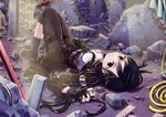  black_eyes black_hair breastplate fingerless_gloves gloves kirito kirito_(sao-ggo) long_hair lying mechonke otoko_no_ko sword_art_online 