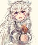  :d butterfly_hair_ornament chaika_trabant chicken_leg eyebrows face hair_ornament hairband highres hitsugi_no_chaika long_hair looking_at_viewer maido_mido open_mouth purple_eyes silver_hair sketch smile solo upper_body 