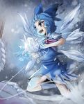  :d ascot blue_eyes blue_hair cirno collared_shirt dress fuente highres ice ice_wings open_mouth puffy_short_sleeves puffy_sleeves shirt short_sleeves skirt skirt_set smile snowflakes socks solo swirling touhou v-shaped_eyebrows vest wavy_hair white_legwear wind wings 