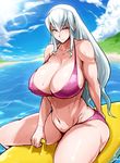  bare_shoulders blue_eyes breasts cleavage highres huge_breasts jewelry long_hair looking_at_viewer mumumu_(three_emu) navel necklace sengoku_bushouki_muramasa silver_hair solo thighs very_long_hair water 