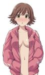  :o blush breasts brown_hair collarbone cowboy_shot groin hands_in_pockets honda_mio hood hood_down hooded_track_jacket hoodie idolmaster idolmaster_cinderella_girls jacket long_sleeves medium_breasts naked_hoodie navel nose_blush open_mouth out-of-frame_censoring short_hair simple_background solo stomach takemasa track_jacket white_background yellow_eyes 