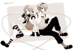  2boys anzu_(o6v6o) back-to-back character_name elbow_on_knee fingerless_gloves genderswap genderswap_(ftm) gloves greyscale gumiya happy_synthesizer_(vocaloid) headphones headphones_around_neck headset legs_crossed looking_at_viewer male_focus megurine_luki monochrome multiple_boys necktie pants polka_dot polka_dot_shirt shirt shoes short_sleeves striped striped_legwear vest vocaloid 