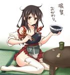  :q akagi_(kantai_collection) armor bandage_on_face bowl brown_eyes brown_hair chabudai_(table) chopstick_rest chopsticks cup food food_on_face green_tea japanese_clothes jiino kantai_collection long_hair looking_at_viewer messy_hair muneate rice rice_on_face sitting solo table takuan tatami tea thighhighs tongue tongue_out torn_clothes torn_legwear translated v-shaped_eyebrows yunomi 
