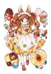  ;q animal_ears apron brown_eyes brown_hair bunny_ears candy checkerboard_cookie chocolate cookie cup dress food frills full_body highres jam_cookie long_hair looking_at_viewer macaron maid maid_headdress marshmallow mokarooru one_eye_closed original shoes simple_background socks solo spoon standing sugar_cube sweets teacup teapot tongue tongue_out twintails very_long_hair white_background 