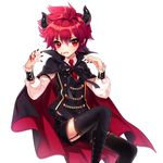  alternate_costume black_legwear blood blood_on_face boots bow cape elsword elsword_(character) haruya_(lajoon) horns male_focus messy_hair necktie red_cape red_eyes red_hair shorts solo thigh_strap thighhighs vest white_background 