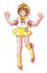  blush boots brown_eyes brown_hair cosplay daracchi_max eyelashes futari_wa_precure futari_wa_precure_max_heart happy looking_at_viewer mahou_no_tenshi_creamy_mami misumi_nagisa morisawa_yuu morisawa_yuu_(cosplay) open_mouth precure shirt short_hair sketch skirt smile solo standing yellow_skirt 