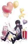  1girl ares_strahl bad_id bad_pixiv_id balloon black_hair blue_eyes blue_hair blush gift heart_balloon highres petals sen'yuu. sha_(euiorn) short_hair stuffed_animal stuffed_toy teddy_bear teufel_diabolos younger 