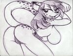  2014 animal_genitalia anthro anthrofied bedroom_eyes big_breasts big_butt breasts butt cheetah cleavage clothed clothing feline female feral fur hair king-cheetah mammal open_mouth original_character plain_background side_boob smile thong 