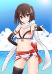  adapted_costume armpits bikini bikini_skirt breasts brown_eyes brown_hair cloud cowboy_shot day elbow_gloves fingerless_gloves gloves horizon ica jpeg_artifacts kantai_collection light_smile medium_breasts navel ocean remodel_(kantai_collection) scarf sendai_(kantai_collection) single_thighhigh swimsuit thighhighs two_side_up white_scarf 