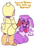  &lt;3 anthro avian bird blush bonnie_(fnaf) chica_(fnaf) chicken dialog english_text female five_nights_at_freddy&#039;s food lagomorph long_ears machine mammal mechanical mini-tuffs pepperoni rabbit robot sitting smile text video_games 