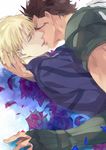  ahoge black_hair blonde_hair blue_eyes fate/zero fate_(series) get3 kayneth_el-melloi_archibald kiss lancer_(fate/zero) male_focus multiple_boys yaoi 