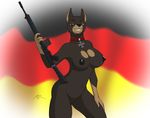  2011 assault_rifle breasts brown_eyes camoflauge canine collar doberman dog female fn_fal german_flag gun holding iron_cross looking_at_viewer mammal necklace nipples nude pose pussy ranged_weapon rifle solo spotty_the_cheetah standing weapon 