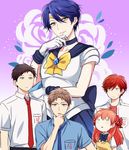  3boys back_bow bad_id bad_pixiv_id bishoujo_senshi_sailor_moon black_hair blue_choker blue_hair blue_neckwear blue_sailor_collar bow brown_eyes brown_hair chin_stroking choker commentary cosplay flower gekkan_shoujo_nozaki-kun gloves green_eyes hair_bow hori_masayuki kashima_yuu mery_(apfl0515) mikoshiba_mikoto multiple_boys multiple_girls necktie nozaki_umetarou orange_hair polka_dot polka_dot_bow red_eyes red_hair rose sailor_collar sailor_senshi_uniform sailor_uranus sailor_uranus_(cosplay) sakura_chiyo smile tiara trait_connection white_gloves yellow_bow 