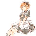  apron black_bow bow double-breasted frilled_apron frills hair_bow hands_on_lap headdress highres hoshizora_rin invisible_chair konya_(chocolate_palette) looking_at_viewer love_live! love_live!_school_idol_project maid maid_headdress necktie orange_hair pinstripe_pattern short_hair short_sleeves simple_background sitting solo striped waist_apron white_background yellow_eyes 