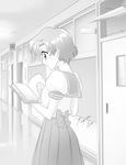  back_bow bishoujo_senshi_sailor_moon book bow greyscale highres juuban_middle_school_uniform mizuno_ami monochrome sailor_mercury sailor_moon school_uniform shinta-girl short_hair skirt solo 