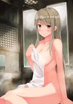  akemiho_tabi_nikki bath bathing blush breasts brown_eyes brown_hair collarbone covering kouno_hikaru large_breasts long_hair no_eyewear nude nude_cover onsen oribe_shiori sitting solo towel 