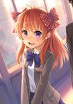  :d bow brown_hair gekkan_shoujo_nozaki-kun hair_bow hair_ribbon ks long_hair looking_at_viewer open_mouth polka_dot polka_dot_bow purple_eyes ribbon rouman_academy_uniform sakura_chiyo school_uniform smile solo 