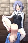  aqua_eyes blonde_hair blush eila_ilmatar_juutilainen gunshou head_under_skirt implied_cunnilingus military military_uniform multiple_girls necktie no_legwear open_mouth sanya_v_litvyak silver_hair sitting skirt spread_legs strike_witches sweatdrop uniform world_witches_series yuri 