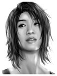  1girl bangs batman_(series) bust cassandra_cain dark_skin dc_comics female greyscale lips monochrome parted_bangs portrait realistic reza_kabir short_hair smile solo tank_top upper_body 