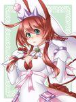 breasts cleavage cleavage_cutout clover commentary_request elphelt_valentine flower four-leaf_clover gloves green_eyes guilty_gear guilty_gear_xrd highres medium_breasts orippa red_hair rose sidelocks solo 