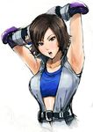  armpits brown_eyes brown_hair collarbone ishii_takamori jumpsuit kazama_asuka open_mouth short_hair simple_background solo sports_bra tekken tekken_6 upper_body white_background 