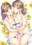  2girls blue_bow blush bow bow_bra bow_panties bra breast_press breasts brown_hair chestnut_mouth closed_mouth collarbone commentary_request dutch_angle eyebrows_visible_through_hair freesia_(flower) frown green_eyes hair_bow hands_together head_tilt highres interlocked_fingers medium_breasts medium_hair mizuki_kakeru mole mole_under_eye multiple_girls navel open_mouth original panties partial_commentary purple_bra siblings sisters smile straddling symmetrical_docking thighs twins underwear underwear_only white_background white_bra white_panties yuri 