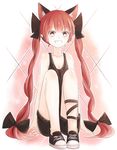  aaaabo absurdres alternate_costume animal_ears bad_id bad_pixiv_id bare_shoulders braid cat_ears collarbone extra_ears grin hair_ribbon highres kaenbyou_rin leg_ribbon long_hair looking_at_viewer no_socks pointy_ears red_eyes red_hair ribbon shoes shorts sitting smile sneakers solo tank_top touhou twin_braids very_long_hair 