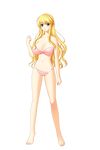  1girl barefoot blonde_hair blue_eyes blush bra breasts cleavage feet female full_body gakuen_taima game_cg highres huge_breasts koizumi_amane legs long_hair looking_at_viewer navel panties simple_background solo standing strapless_bra thighs toes underwear 