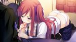  1girl ass black_legwear blush bra bra_lift breasts censored cum cum_in_mouth fellatio game_cg highres kazami_haruki kneeling legs long_hair open_clothes oral panties penis purple_eyes red_hair satsukoi_yuukyuu_naru_koi_no_uta school_uniform shoes sitting skirt thighs underwear upskirt 