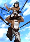  1girl asphyxiation belt black_eyes black_hair boots breasts choking cloud clouds highres jacket legs looking_at_viewer medium_breasts mikasa_ackerman open_mouth scarf serious shingeki_no_kyojin short_hair sitting sitting_on_shoulder skirt sky standing thighs weapon yadokari_genpachirou 