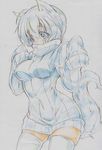  absurdres animal_ears blue_eyes breasts colored_pencil_(medium) highres inubashiri_momiji kitazinger medium_breasts ribbed_sweater short_hair sleeves_past_wrists solo sweater tail thighhighs touhou traditional_media white_hair white_legwear wolf_ears wolf_tail zettai_ryouiki 