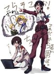  akagi_ritsuko anger_vein armband beret blonde_hair brown_eyes brown_hair computer dual_persona evangelion:_3.0_you_can_(not)_redo hand_on_hip hat ibuki_maya jacket laptop long_hair mole mole_under_eye multiple_girls neon_genesis_evangelion pantyhose partially_translated rebuild_of_evangelion short_hair skirt smoking squatting translation_request turn_pale unya 