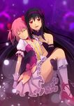  :d akemi_homura akuma_homura bare_shoulders black_hair bow carrying closed_eyes elbow_gloves elrowa gloves hair_bow hair_ribbon hairband highres kaname_madoka long_hair looking_at_viewer magical_girl mahou_shoujo_madoka_magica mahou_shoujo_madoka_magica_movie multiple_girls open_mouth pink_hair princess_carry red_eyes ribbon smile spoilers twintails yuri 