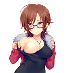  bad_id bad_pixiv_id black-framed_eyewear black_dress blush breast_slip breasts brown_hair collarbone dress glasses jacket jewelry large_breasts necklace nipples no_bra off_shoulder one_breast_out open_clothes open_jacket original pendant red_eyes shirako_sei solo strap_pull 