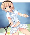  alternate_costume bad_id bad_pixiv_id ball blonde_hair blue_eyes blush cameltoe cowboy_shot darjeeling girls_und_panzer hairband highres navel nksk panties pantyshot pantyshot_(standing) pink_panties racket skirt solo sportswear standing sweat sweatband tennis_ball tennis_racket tennis_uniform underwear 