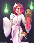  animalization blue_fire blush fire ghost highres hitodama hoshizora_rin japanese_clothes jibanyan love_live! love_live!_school_idol_project nishikino_maki open_mouth purple_eyes red_hair short_hair sleeves_past_wrists solo tail-tip_fire tears triangular_headpiece whisper_(youkai_watch) youkai_watch yu-ta 