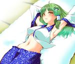  ahoge armpits arms_up blush detached_sleeves frog_hair_ornament futon green_hair hair_ornament hane_(hanegoya) kochiya_sanae long_hair looking_at_viewer lying navel on_back parted_lips solo stomach sweat tatami touhou yellow_eyes 