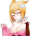  \m/ abe_no_seimei_(eiyuu_senki) blonde_hair breasts choker cleavage eiyuu_senki eyeshadow flower hair_flower hair_ornament large_breasts long_sleeves makeup orange_eyes short_hair sleeves_past_wrists smile solo tsukasa_takashi upper_body wristband 