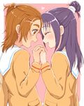  azuma_yukihiko blush brown_eyes brown_hair closed_eyes couple eyelashes futari_wa_precure_splash_star hair_ornament half_updo happy holding_hands hyuuga_saki long_hair looking_at_another mishou_mai multiple_girls open_mouth ponytail precure purple_hair school_uniform serafuku short_hair smile standing very_short_hair yuri yuunagi_middle_school_uniform 