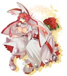  breasts cleavage cleavage_cutout clover commentary_request earrings elphelt_valentine guilty_gear guilty_gear_xrd hyakuhachi_(over3) jewelry large_breasts orippa solo veil 
