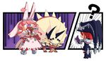  ? ahoge aiming chabo_(pmajpmaj) chibi commentary elphelt_valentine guilty_gear guilty_gear_2 guilty_gear_xrd gun multiple_girls ramlethal_valentine siblings sisters solid_circle_eyes tears valentine_(guilty_gear) wavy_mouth weapon 
