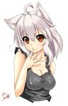 ahoge animal_ears bare_shoulders black_shirt breasts cleavage collarbone finger_in_mouth highres inubashiri_momiji kuga_zankurou large_breasts looking_at_viewer red_eyes saliva sexually_suggestive shirt short_hair signature silver_hair simple_background solo suggestive_fluid touhou white_background wolf_ears 