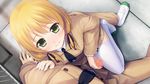  1girl blonde_hair breasts censored feet from_above game_cg green_eyes handjob highres kazami_haruki long_hair looking_at_viewer medium_breasts penis satsukoi_yuukyuu_naru_koi_no_uta school_uniform shoes sitting skirt smile thighhighs white_legwear 