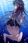  ass barefoot blue_eyes bubble flower hair_flower hair_ornament long_hair original saki_chisuzu school_uniform skirt soles solo underwater 