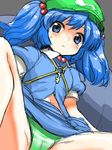  blue_eyes blue_hair blush hair_bobbles hair_ornament hat highres kawashiro_nitori key looking_at_viewer mono_(moiky) panties short_hair sketch solo striped striped_panties touhou two_side_up underwear 