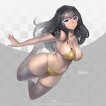  bikini black_eyes black_hair breasts full_body glasses grin large_breasts lips lokman_lam long_hair original purple-framed_eyewear smile solo swimsuit yellow_bikini 