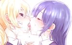  ayase_eli blonde_hair blue_eyes blush breath closed_eyes face french_kiss holding_hands kiss long_hair love_live! love_live!_school_idol_project multiple_girls purple_hair saliva saliva_trail sonoda_umi tongue tongue_out treetree white_background yuri 