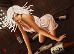  bottle breasts chemise cleavage dark_persona dark_skin downblouse dutch_angle ebi_(eeotoko) highres lips looking_at_viewer money monogatari_(series) nose otorimonogatari parted_lips red_eyes sake_bottle sengoku_nadeko snake_hair solo spoilers white_hair 